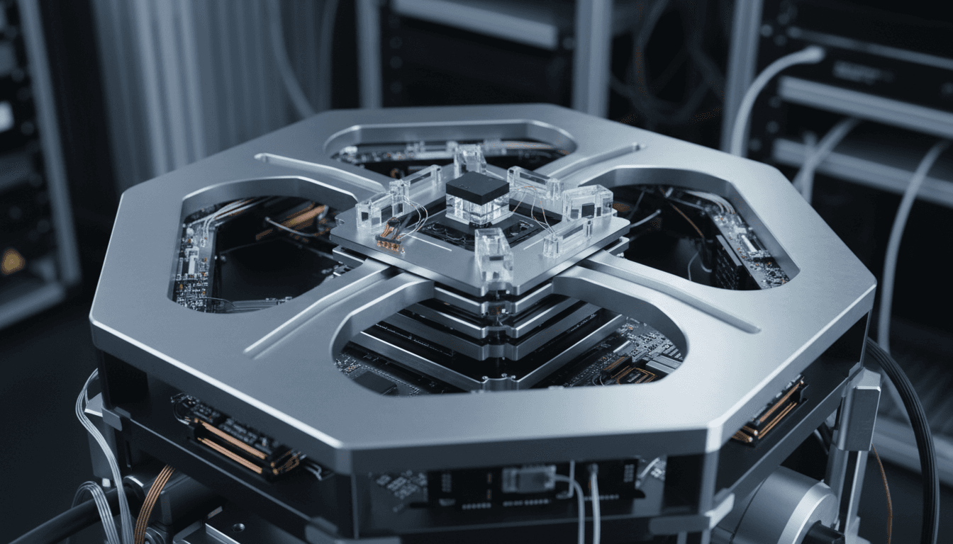 Close-up of PolariQon's room-temperature quantum platform components showing precision metallic architecture and optical elements