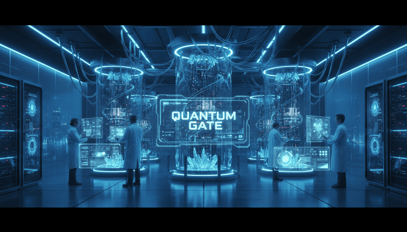 Modern quantum computing research facility with advanced equipment and blue lighting