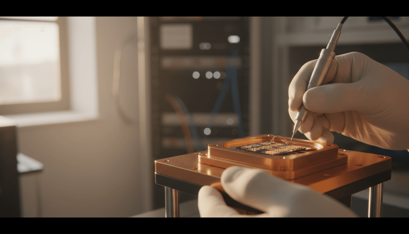 Close detail of hands working with quantum hardware components