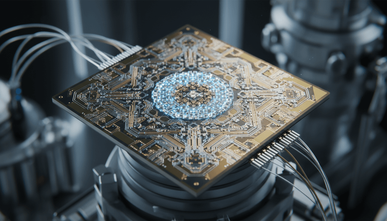Quantum processor chip showing polariton architecture and fabrication details