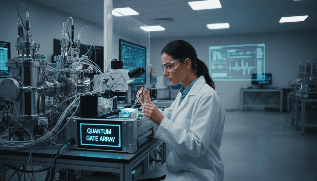 Quantum engineer examining semiconductor quantum device at laboratory workstation