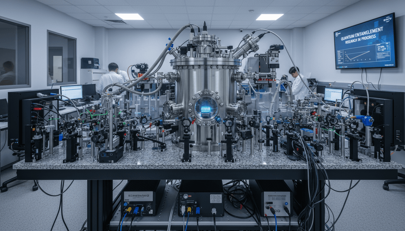 Trapped ion quantum system with laser alignment and vacuum chamber